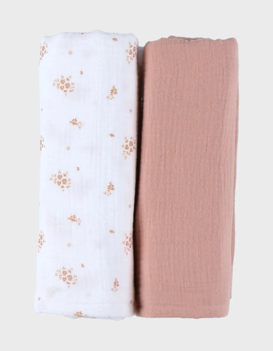 Lot de 2 langes , mousseline de coton bio Fleuri