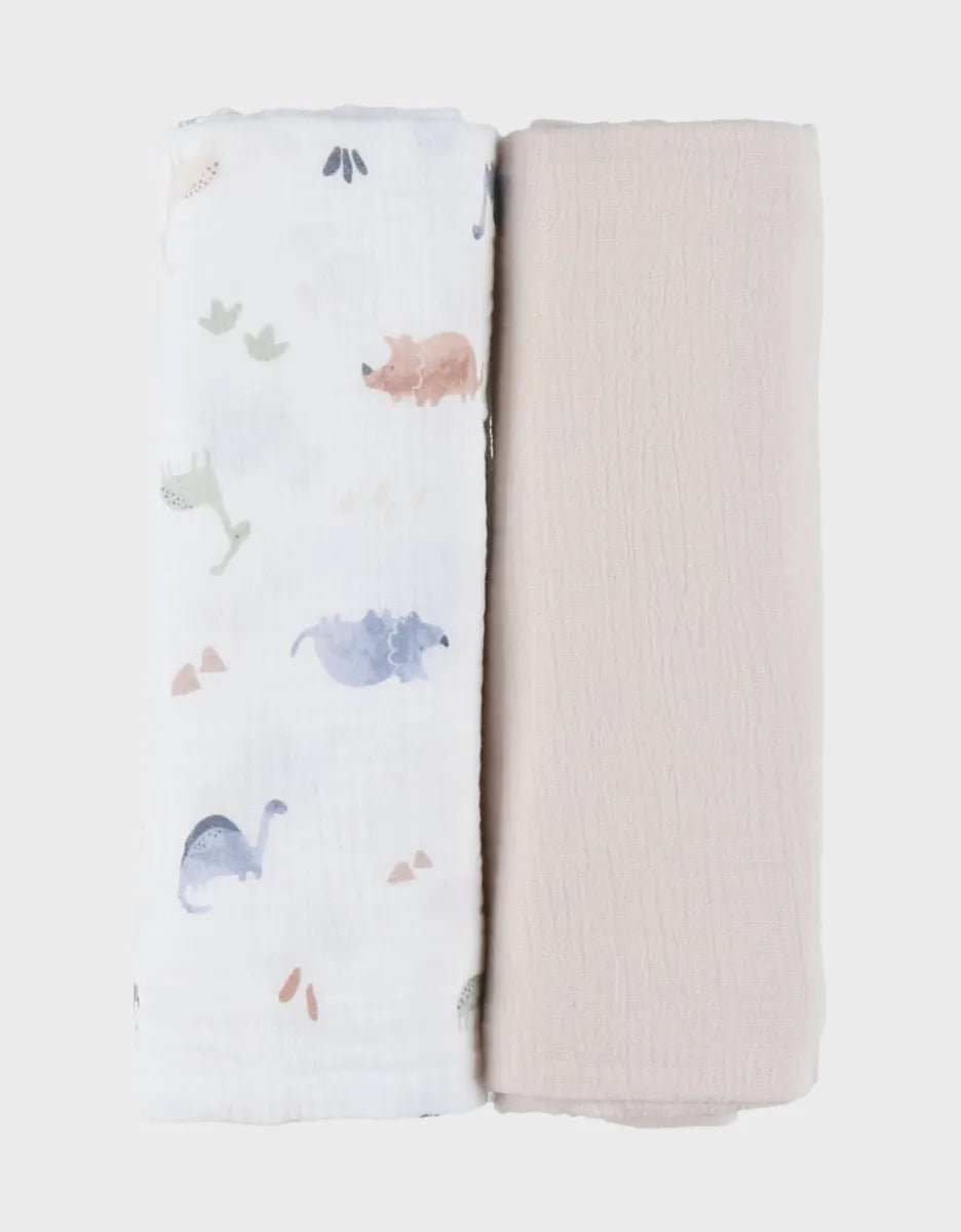 Lot de 2 langes , mousseline de coton bio Dino