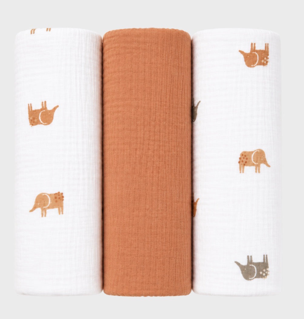 Lot de 3 langes , mousseline de coton bio Éléphant