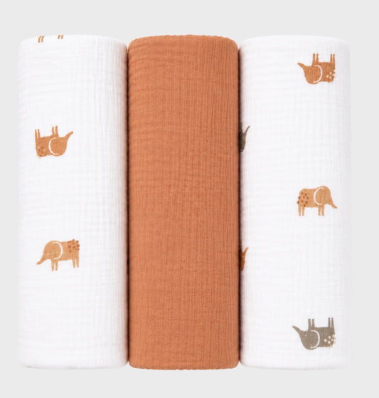 Lot de 3 langes , mousseline de coton bio Éléphant