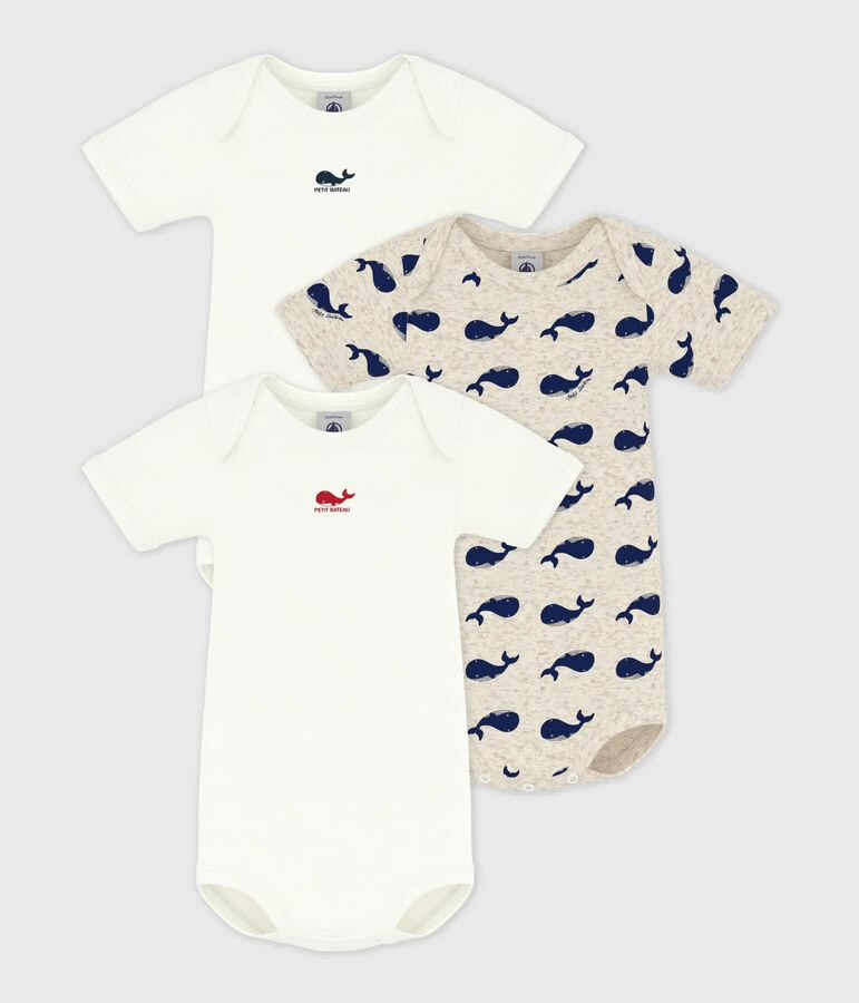 Lot de 3 bodies manches courtes en coton baleines