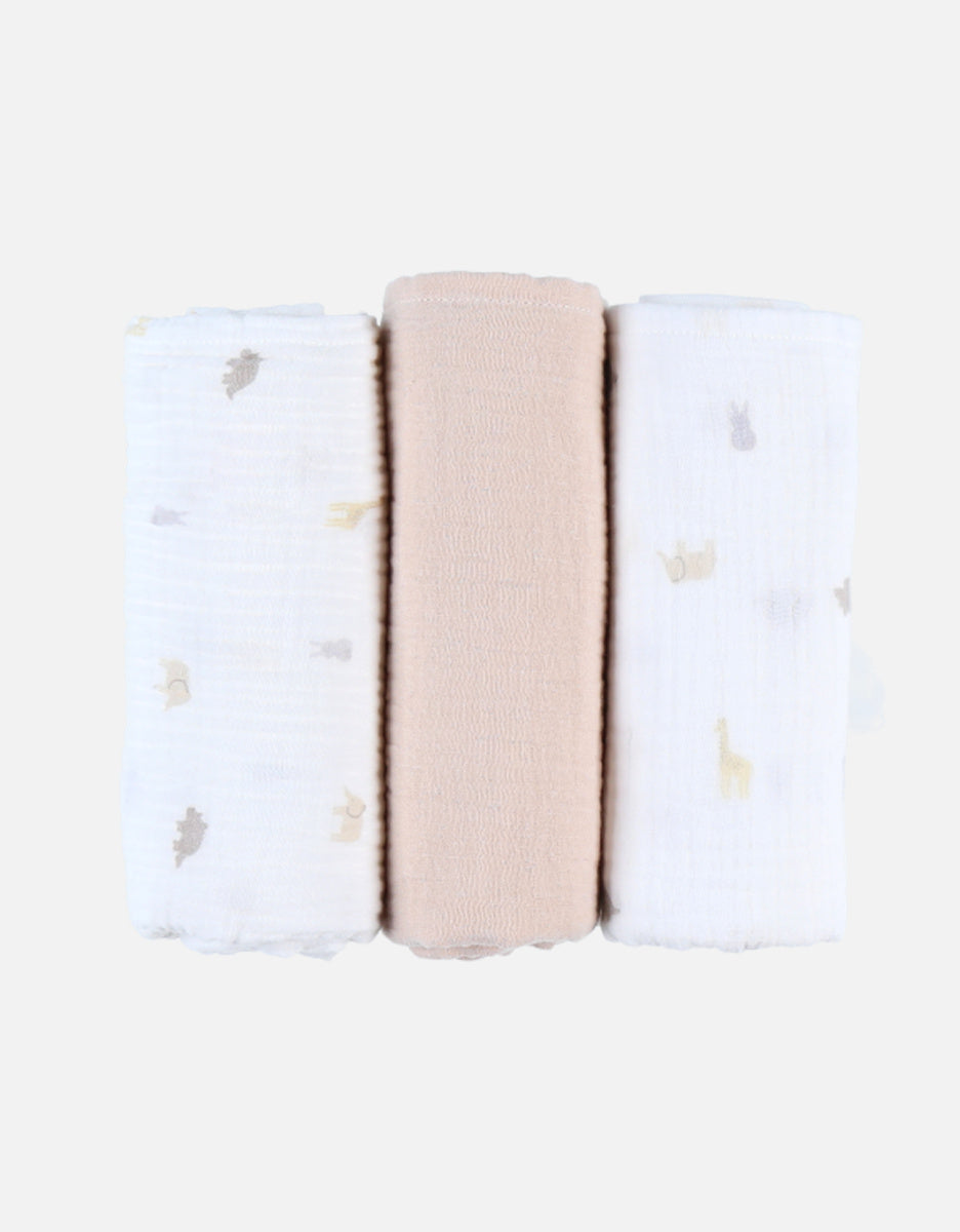 Set de 3 langes Imprimé animalier en mousseline, écru
