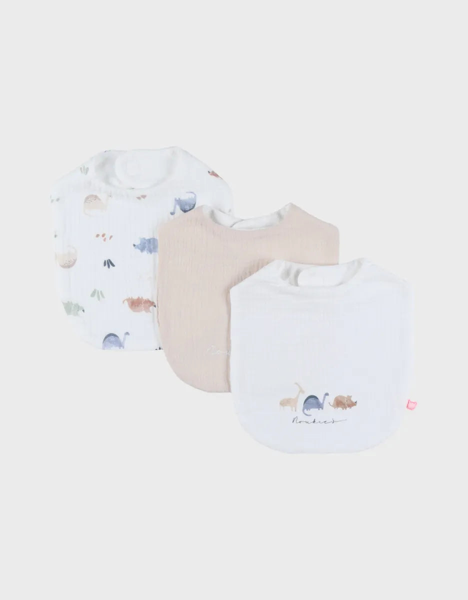 Lot de 3 Bavoir mousseline de coton bio et éponge (Dino)