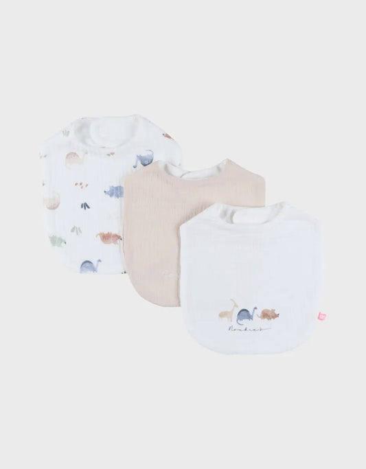 Lot de 3 Bavoir mousseline de coton bio et éponge (Dino)