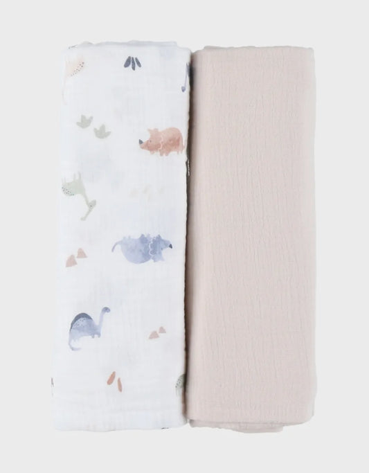 Lot de 2 langes , mousseline de coton bio Dino