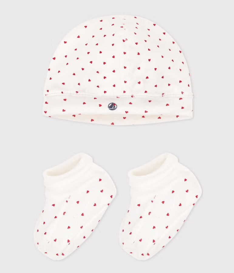 Lot bonnet et chaussons en coton Cœurs (1mois)