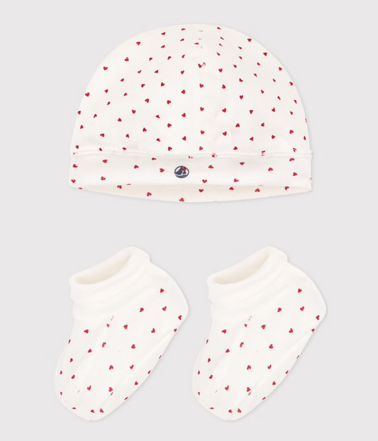 Lot bonnet et chaussons en coton Cœurs (1mois)