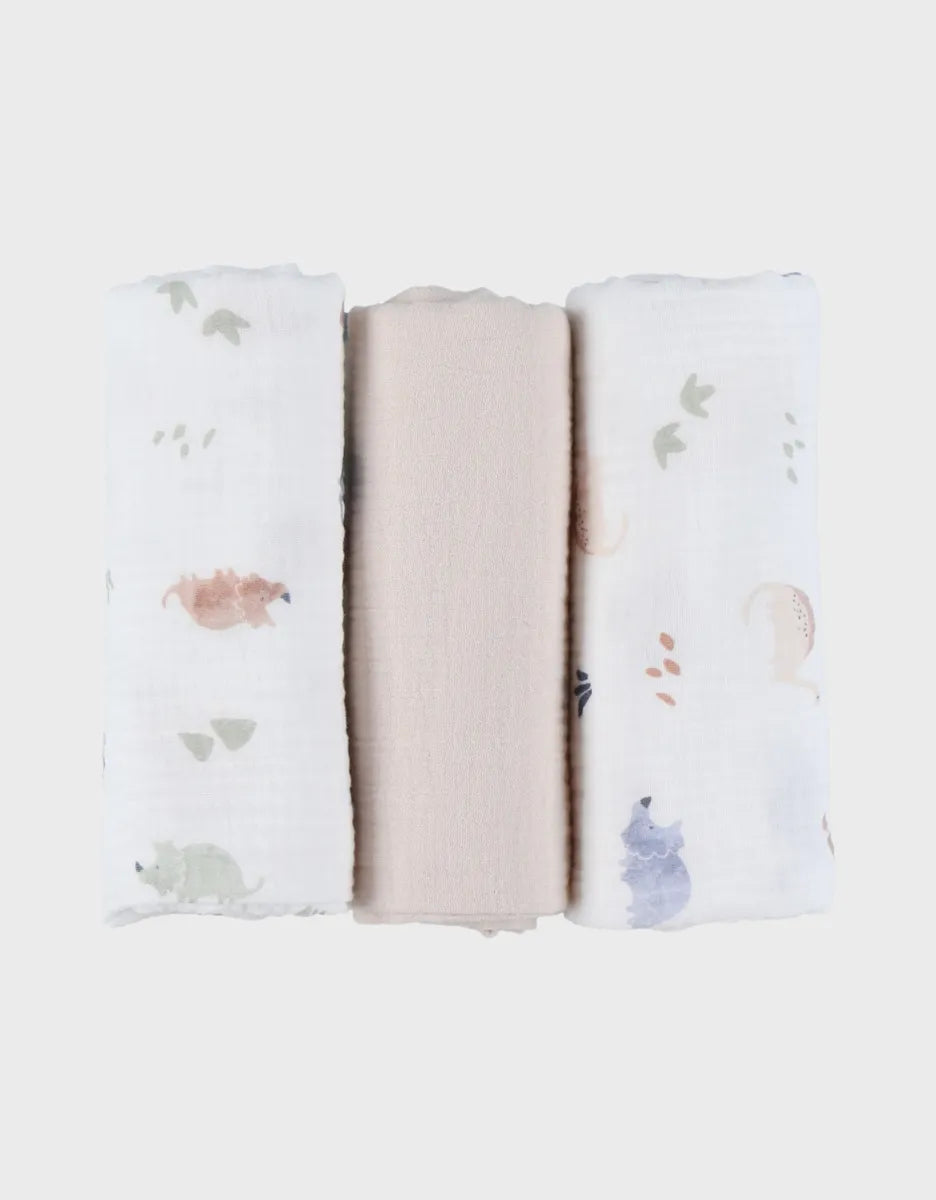 Lot de 3 langes , mousseline de coton bio Dino